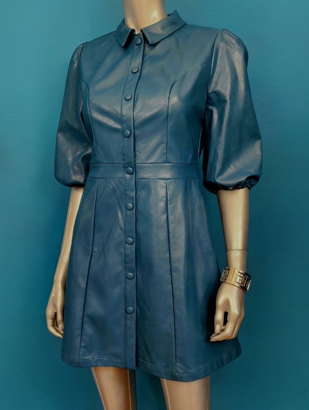 🆕️💧GLAMOROUS 1970s Style Petrol Blue Faux Leather Skater Mini Dress // (NWT)